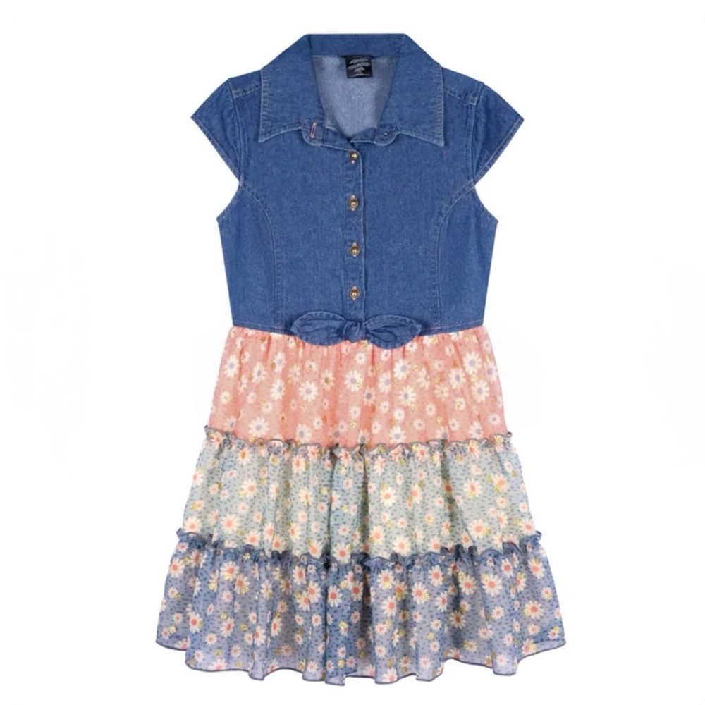 Zunie Denim and Floral Tiered Dress Youth Denim f
Size Medium 10/12